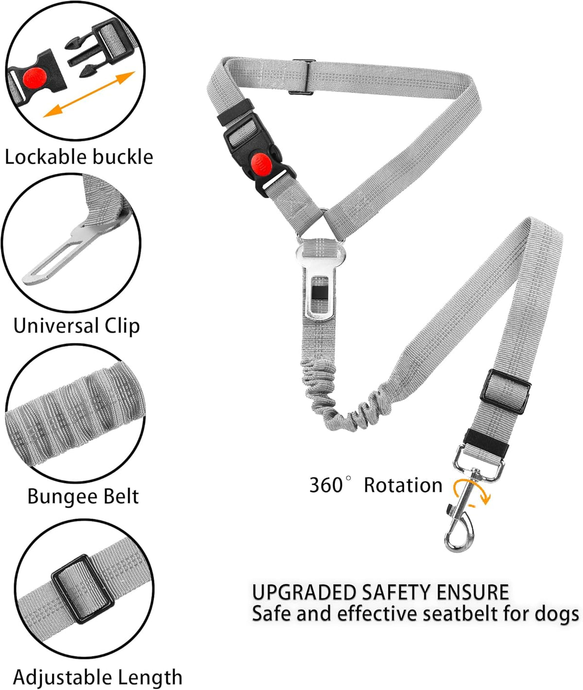 YAOHDAO Dog Seat Belt Harness for Car, Restraint Adjustable with Elastic Bungee Buffer Headrest for Vehicle, 360° Swivel Carabiner Nylon Pet Safety Seat Belts Heavy Duty Car Harness for Dogs (Grey)
