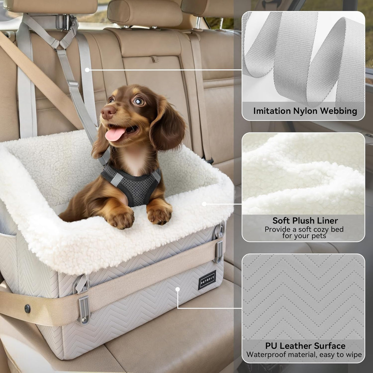 Small Dog Car Seat, Waterproof PU Leather Dog Booster Car