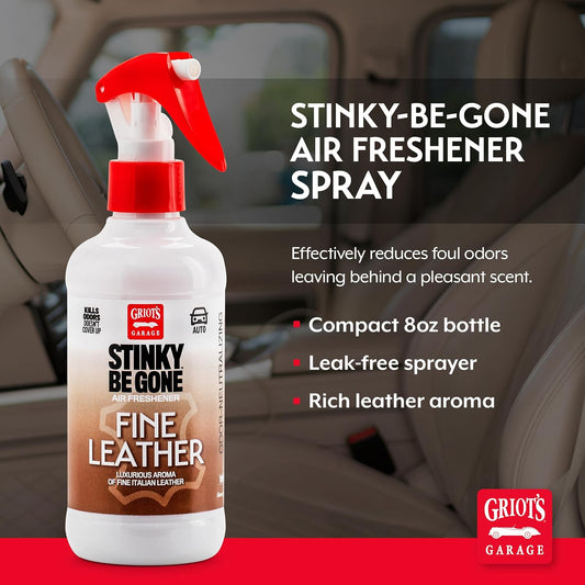 Griot's Garage Stinky-Be-Gone Fine Leather Air Freshener Spray – Odor Remover for Cars, Trucks, and SUVs on Carpets, Floor Mats, and Under Seats, 8oz
