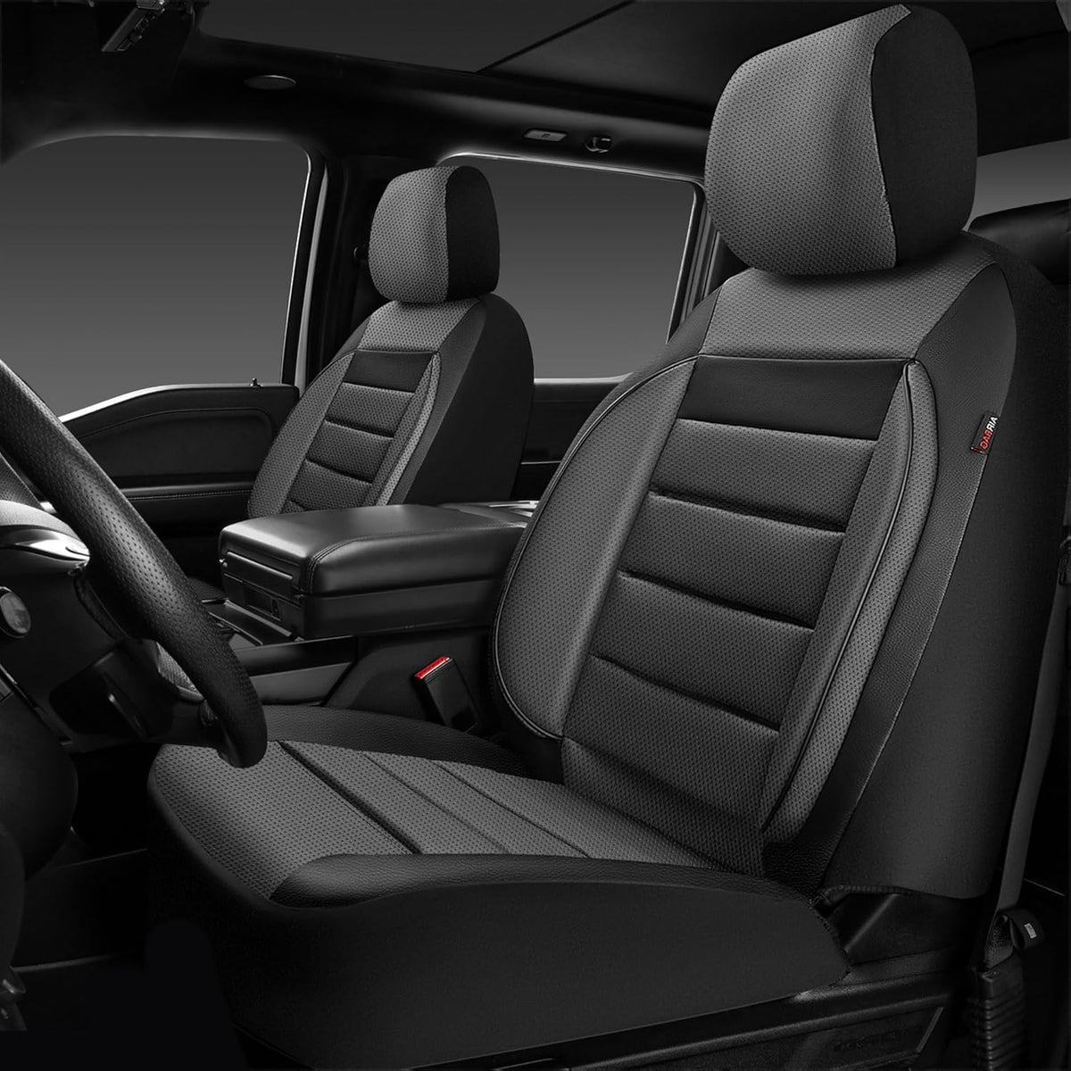 CAR PASS Car Seat Covers Front Seats Only, Universal Fit Automotive Interior Waterproof 3D Foam Back Support Car Seat Covers for Trucks Vans and SUVs Airbag compatible 2 Pieces black gray grey