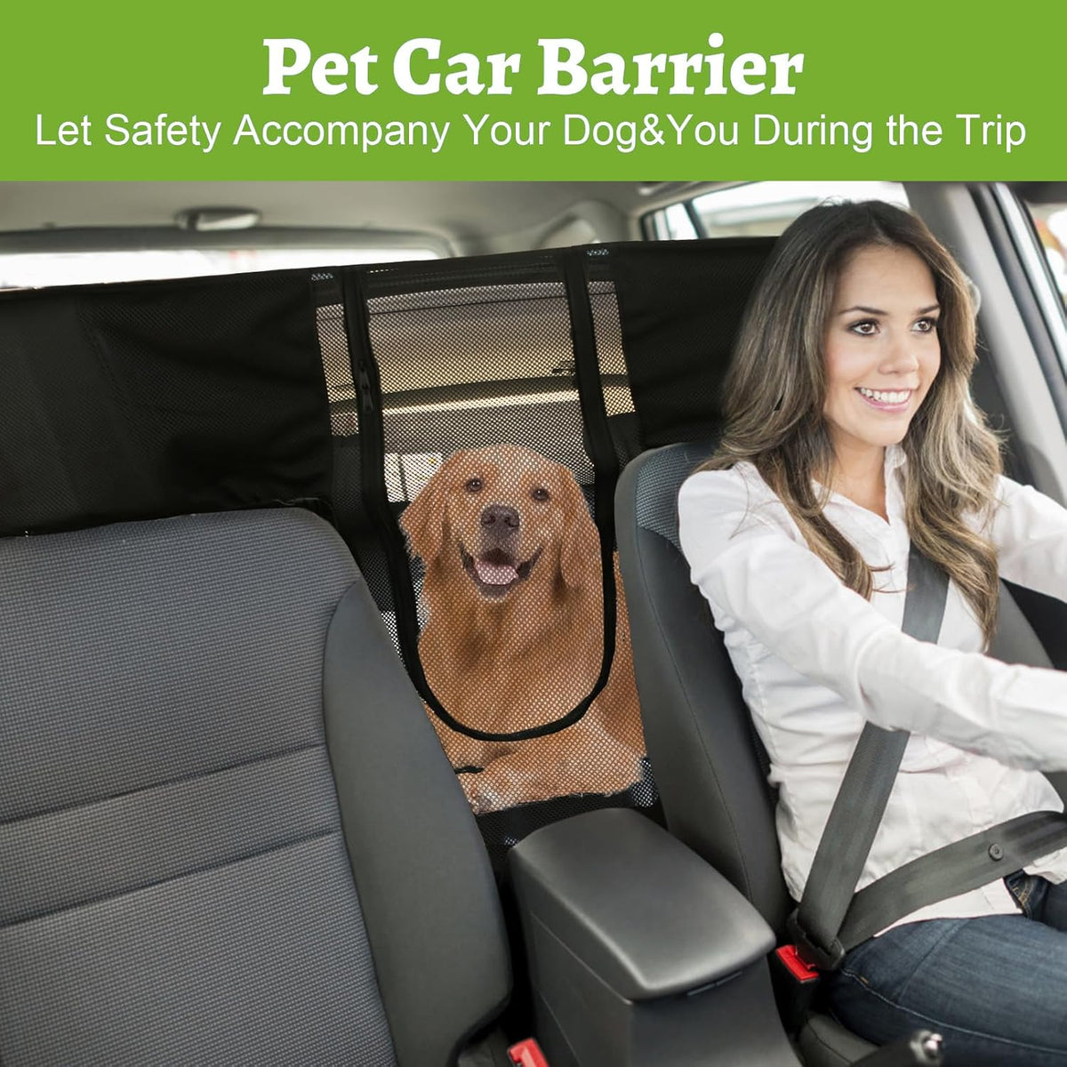 Dog Car Net Barrier for SUVs, Pet Barrier with Adjustable Rope and Storage Bag, Dog Fence Barrier for Car Front Seats, Car Divider for Driving Safely with Children & Pets