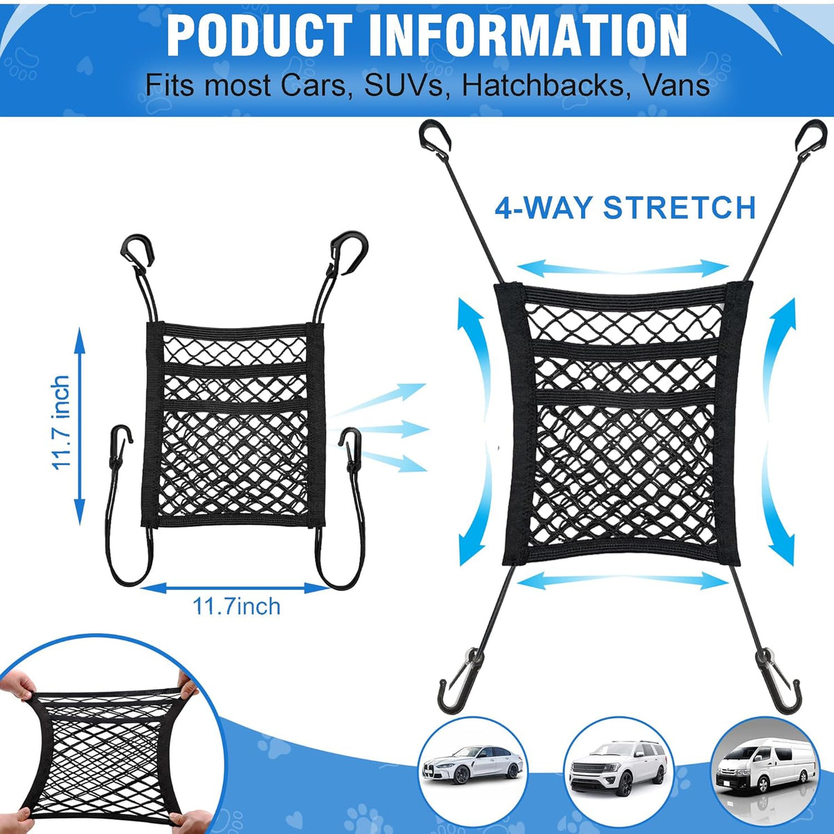Universal Dog Car Net Barrier – Sturdy Mesh, Easy Install, Breathable Design, Easy to Clean, Flexible Bungee Cords for Adjustable Fit 23"×23" (Black) (3-Layer Mesh)