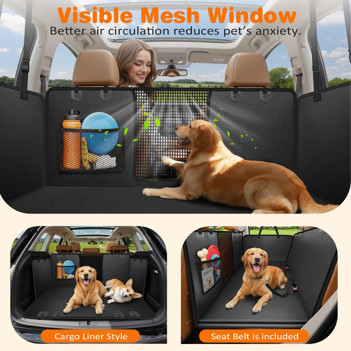 PU Leather Backseat Extender for Dogs, Hard Bottom Dog Car