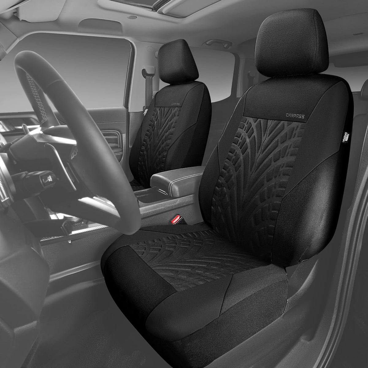 CAR PASS Car Seat Covers Two Front Only for Car, 3D Tyre Print Automotive Interior Covers, Airbag Compatible, Quick Setup Universal Fit Seat Covers for Car, Truck, SUV(Black)