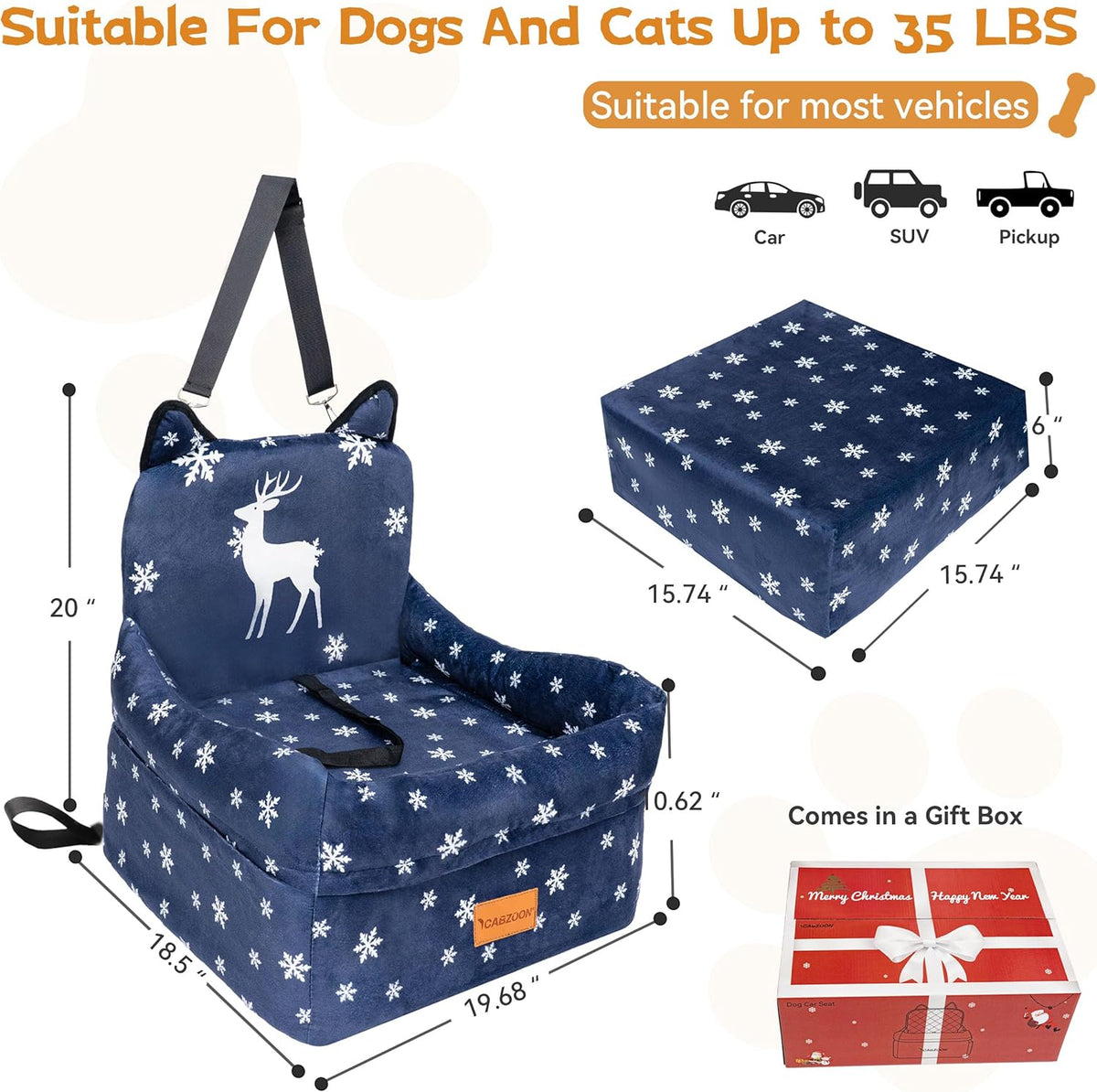 Christmas Dog Car Seat for Small/Medium Dogs Up to