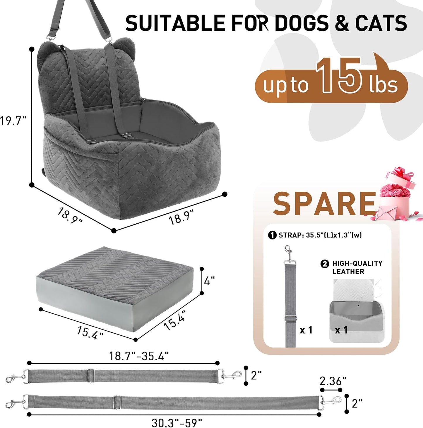 Dog Car Seat for Small/Medium Dogs Up to 30 lbs, Memory