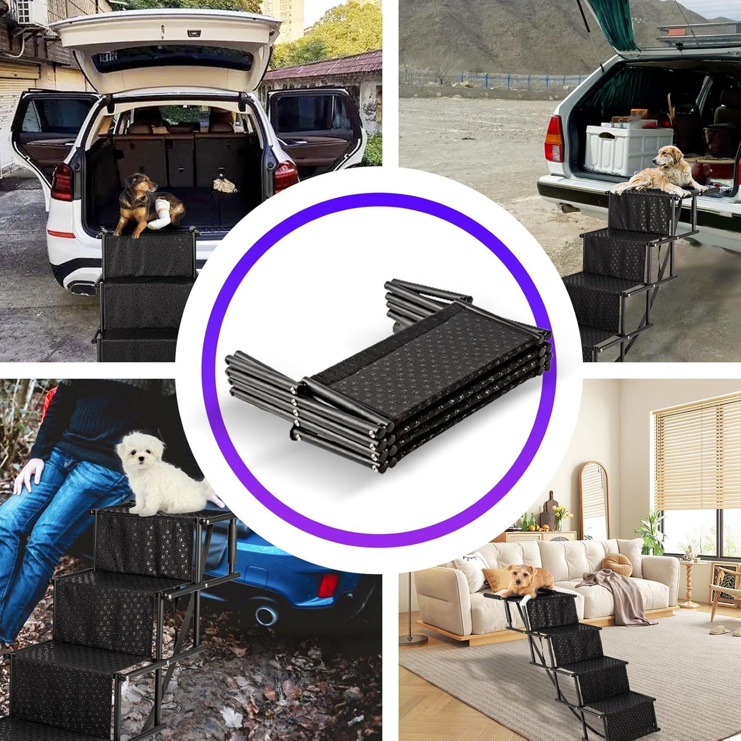 Dog Stairs for Car, Foldable Ramps for Dogs with Non-Slip