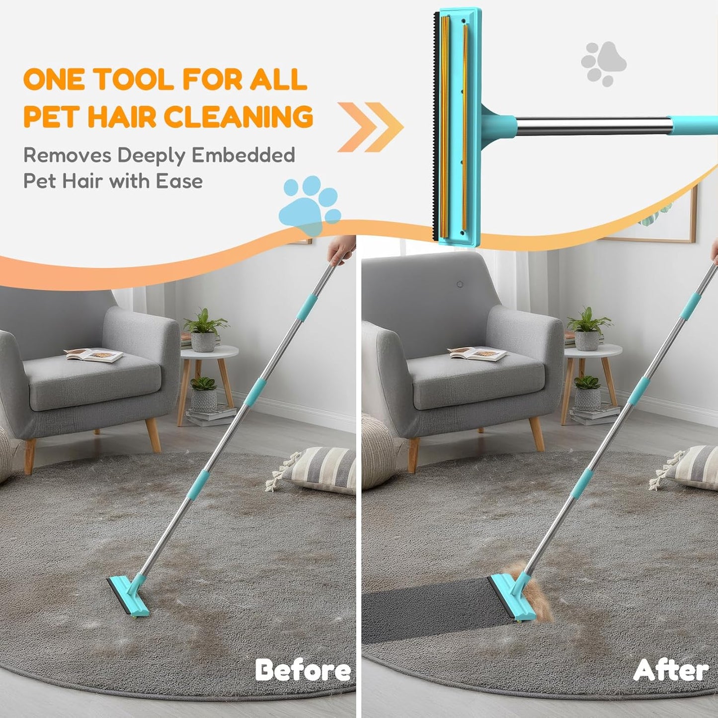 3 In 1 Carpet Rake for Pet Hair Removal Tool with Long &