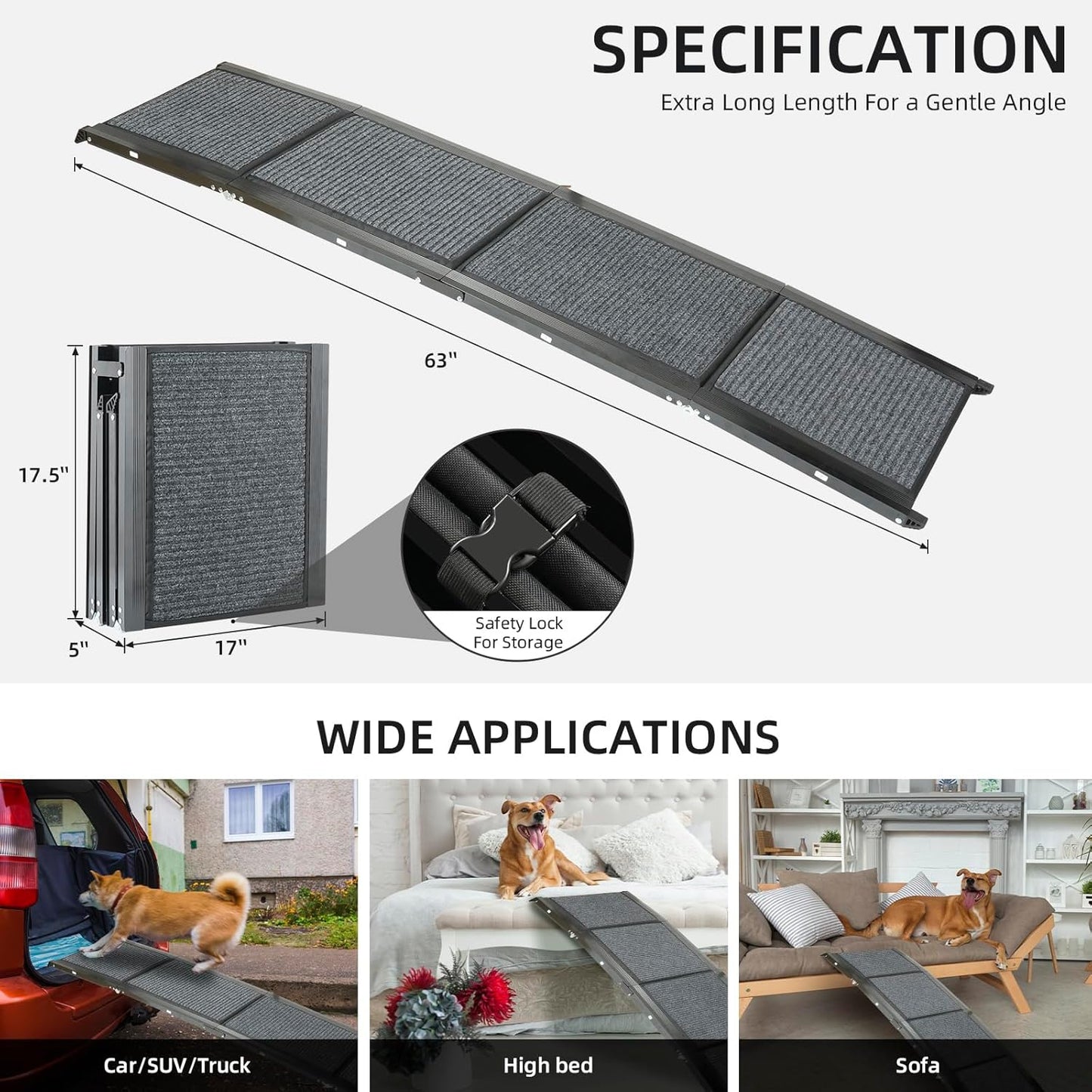 Folding Pet Car Ramp with Non-Slip Rug Surface, Portable