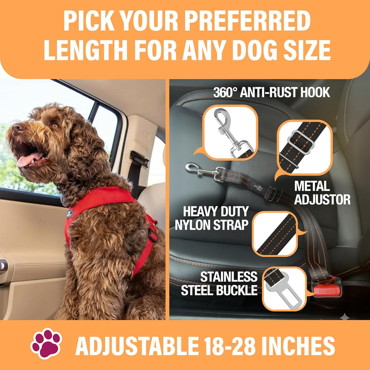 Orange Car Seat Belt for Dogs, Attaches to Harness &