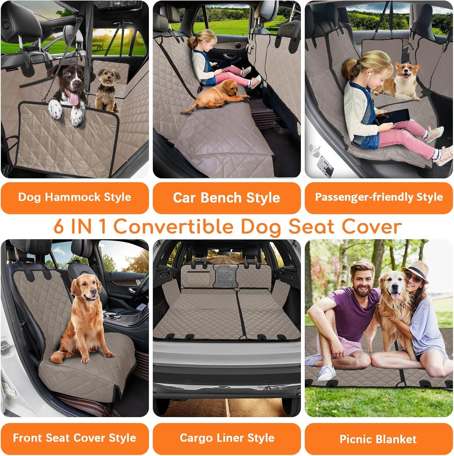 6-in-1 Dog Car Seat Cover for Back Seat, Waterproof Dog Car