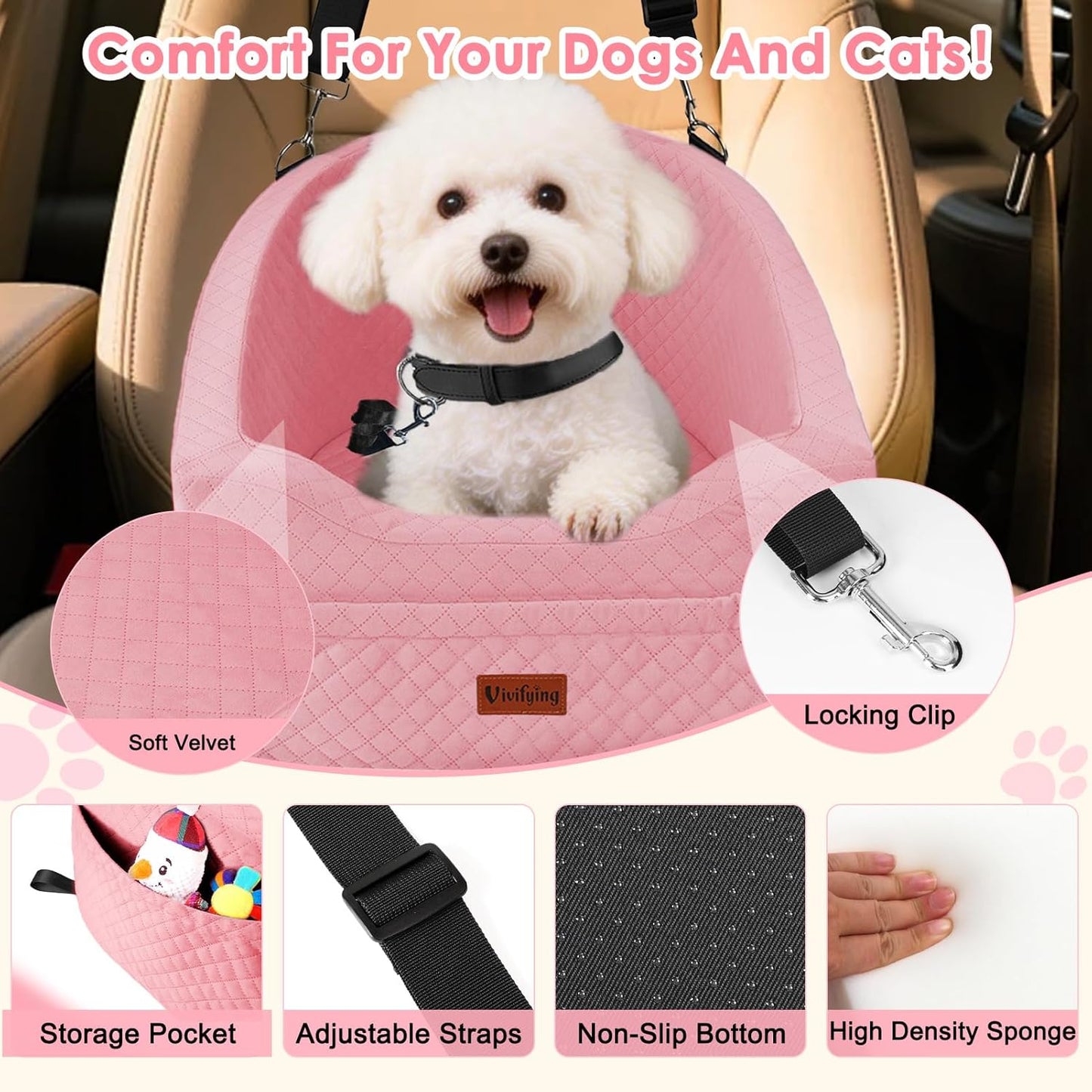 Dog Car Seat for Small & Medium Dogs, Detachable & Washable