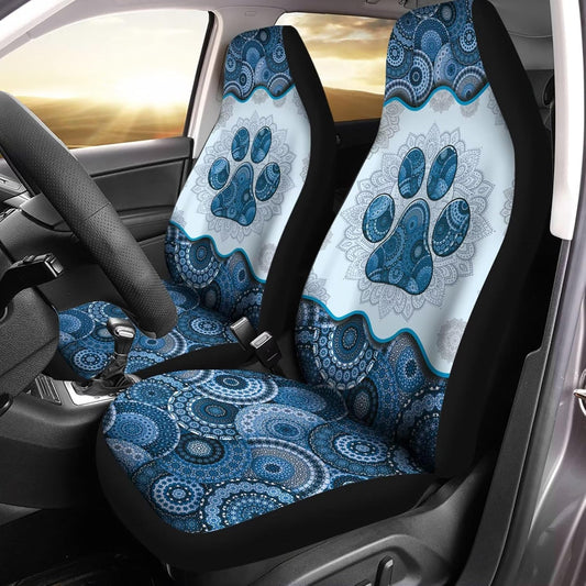Howilath Blue Boho Mandala Dog Paw Printed Car Front Seat Covers Set of 2, Non Slip Auto Seat Covers Accessories Strength Seats Cushion Universal Fit All Vehicle Cars