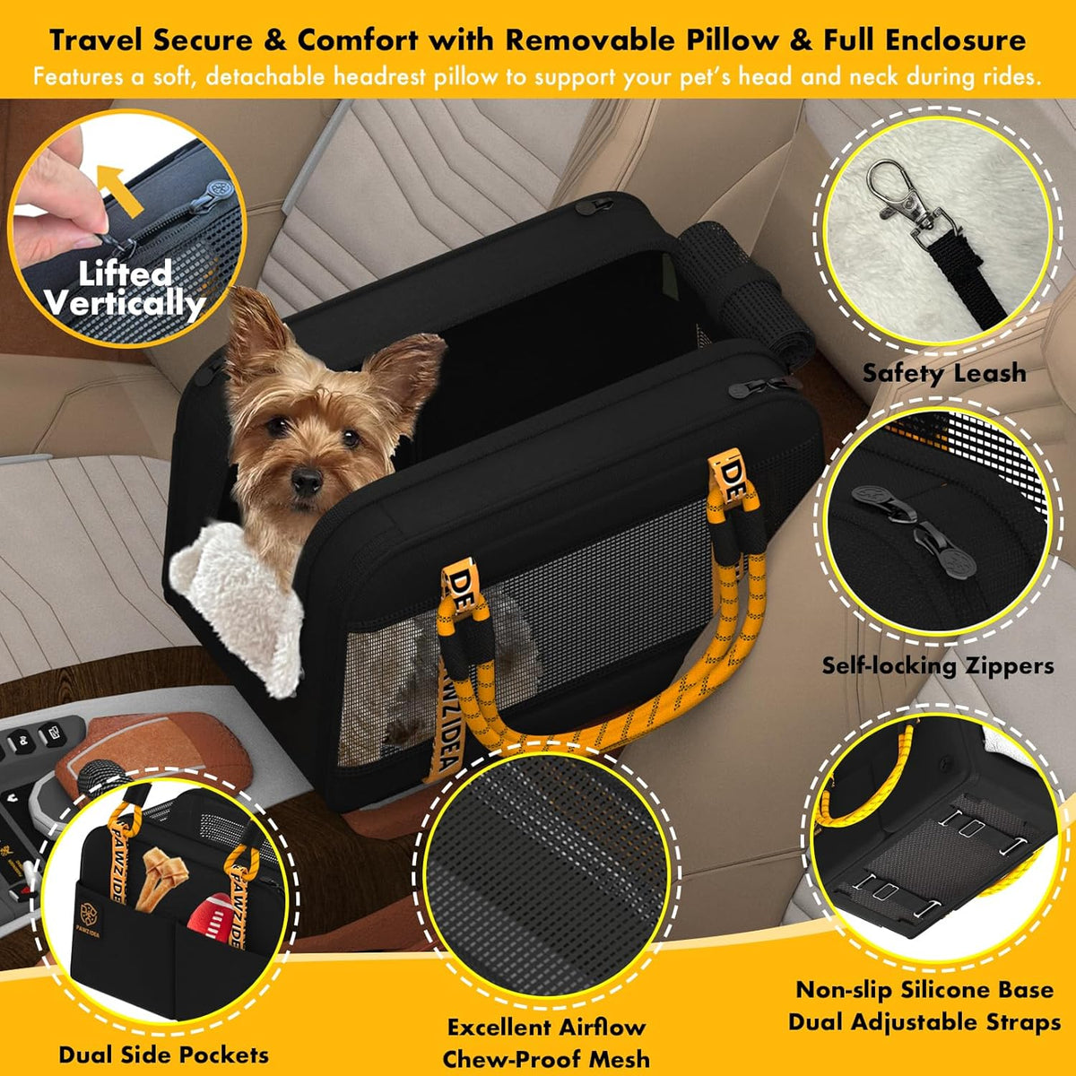 Center Console Dog Car Seat, Enclosed Small Dog Armrest