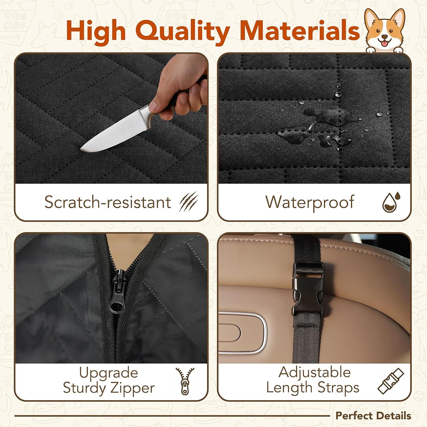 Dog Car Seat Cover for Back Seat, 600D Heavy-Duty Oxford