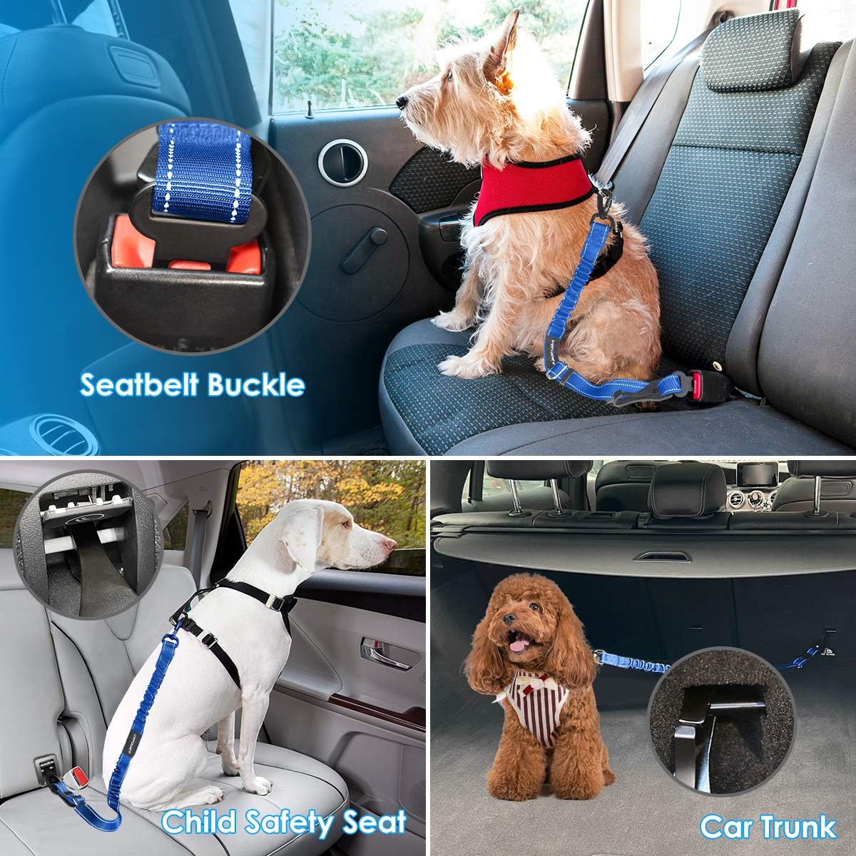 3-in-1 Dog Seat Belt for Car, 2 Pack Adjustable Bungee Dog