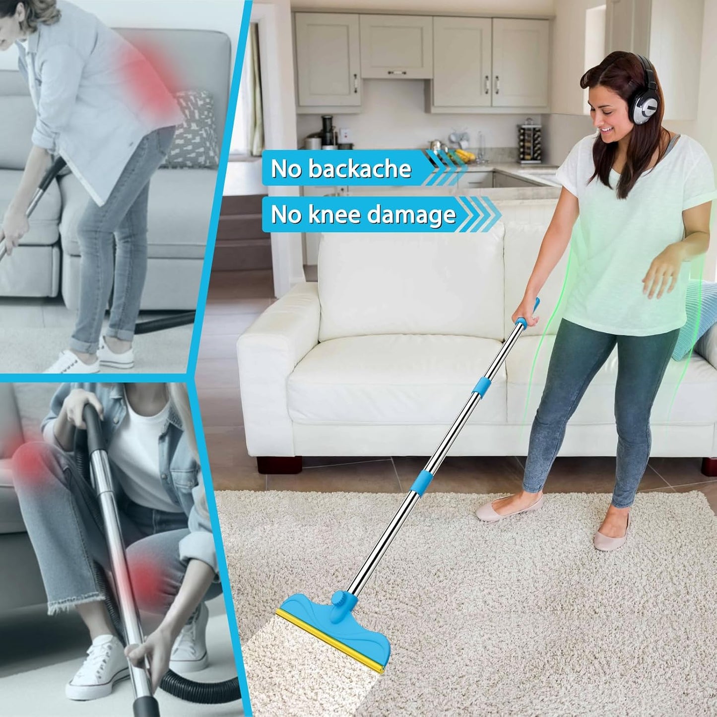 3 in 1 Carpet Rake Kit for Pet Hair Removal Tool - 45”