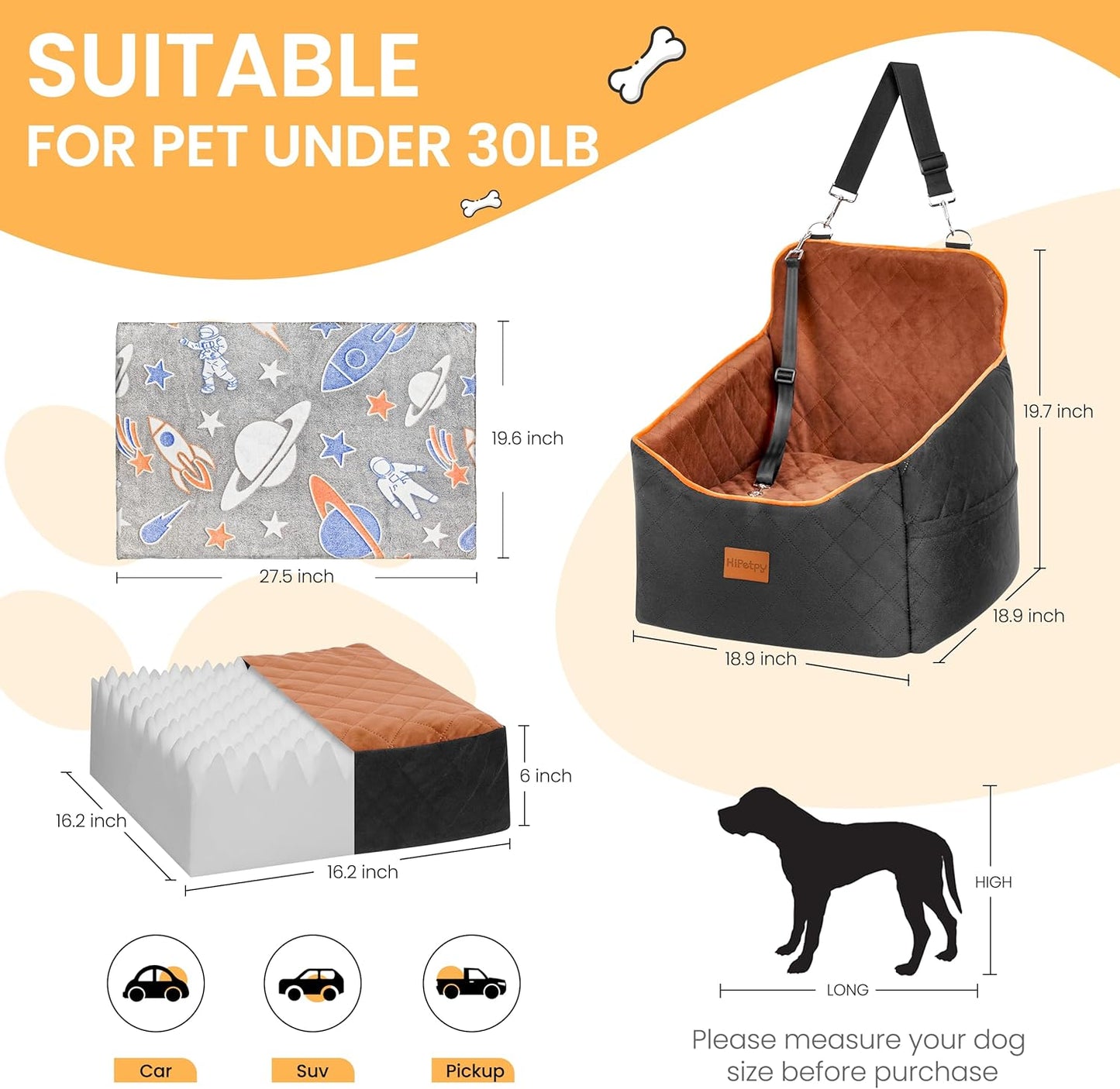 Dog Car Seat for Small Dog with Washable Mat, Memory Foam