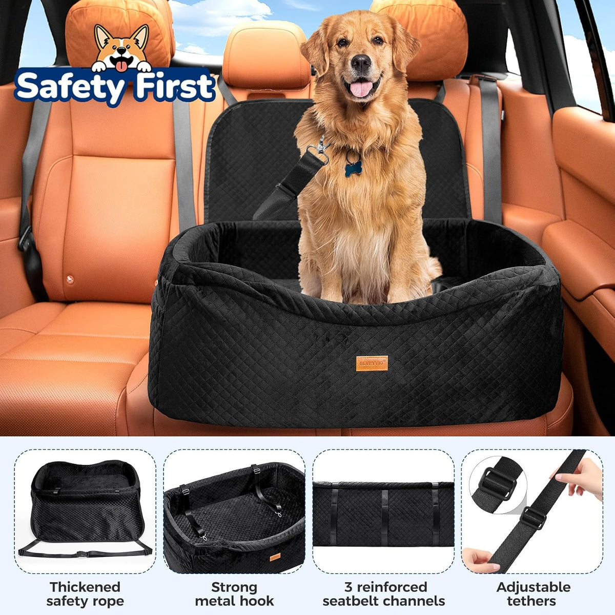 Dog Car Seat for Large Dogs up to 60 lbs or 2 Small Dogs
