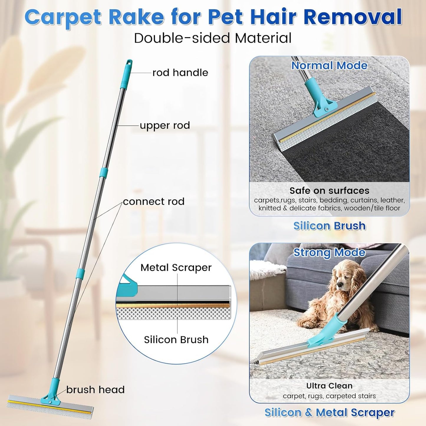 3-Pack Pet Hair Remover Tools, Carpet Rake for Pet Hair