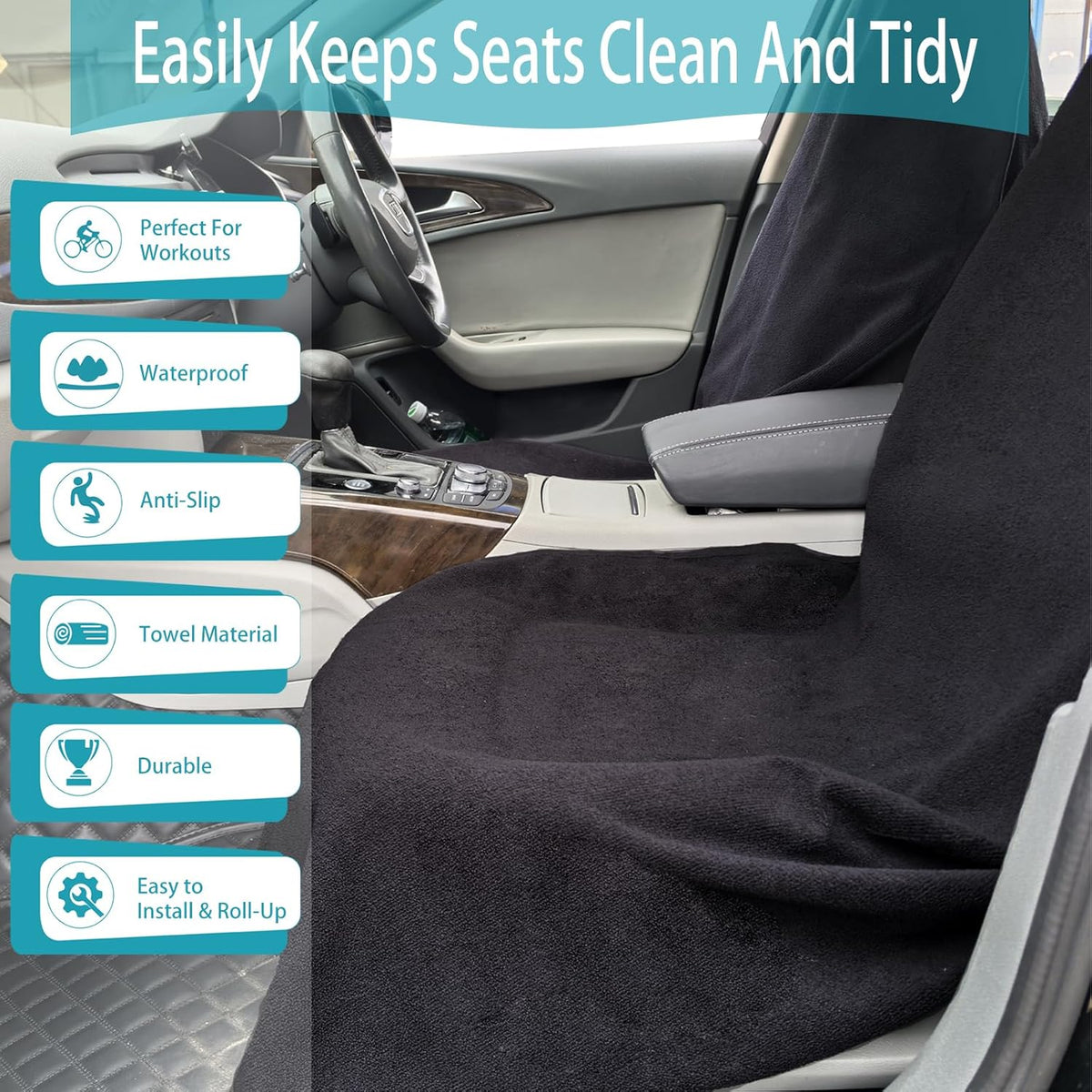 Car Seat Covers Universal Car Protective Front Seat Covers Washable Non-Slip Seat Protectors for Gym Workouts,Waterproof and Sweatproof Towel Seat Covers for Cars,Trucks, Jeeps (Black)