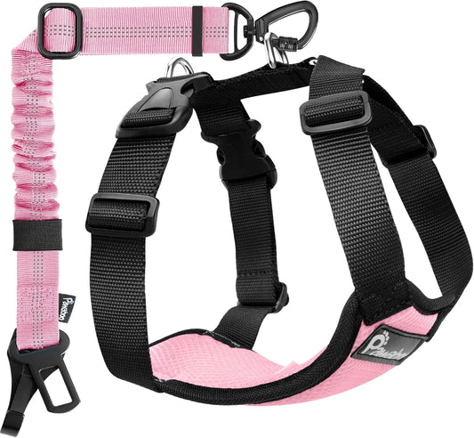 Pawaboo Dog Seat Belt Harness for Car, Dog Car Harness Seatbelt with Double Clips, Adjustable Breathable Pet Vest & Dogs Safety Tether with Elastic Bungee for Small Medium Large Pet, L, Pink + Black