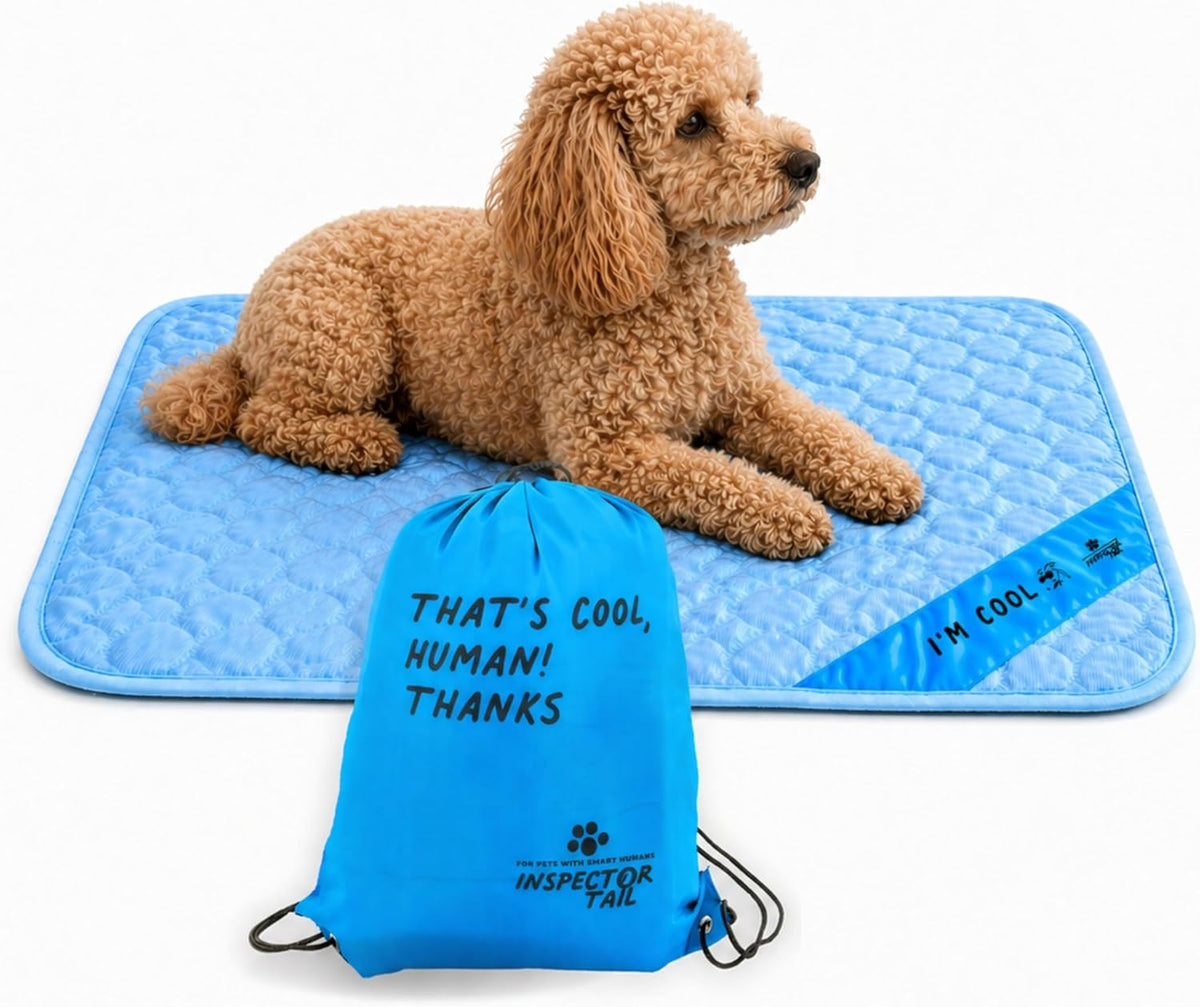 INSPECTOR TAIL Dog Cooling Mat - No Freeze Needed, Self-Cooling Pad for Medium Dogs, Washable Portable for Crate Kennel Car Sofa Bed Floor, Indoor Outdoor Summer Use, 28"x22" with Carry Bag