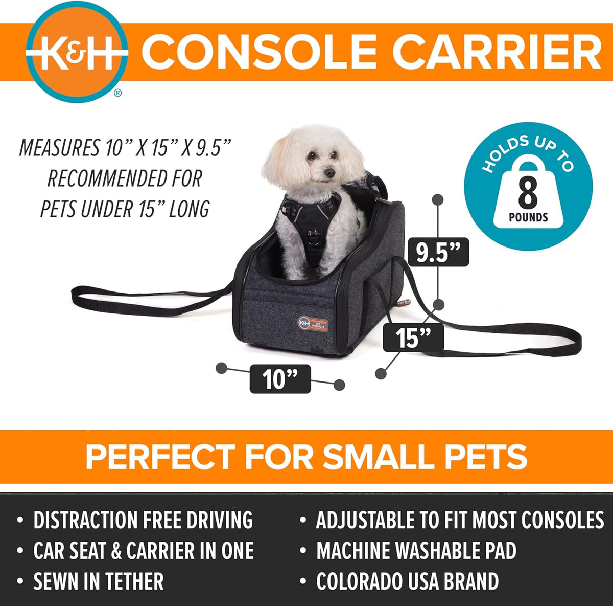 Center Console Dog Car Seat for Small Dogs & Cats, Secure