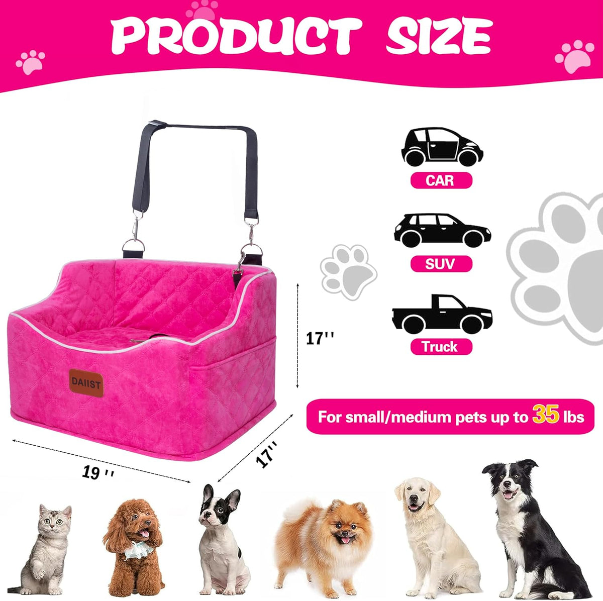 Dog Car Seat for Small Medium Dogs, Detachable Washable