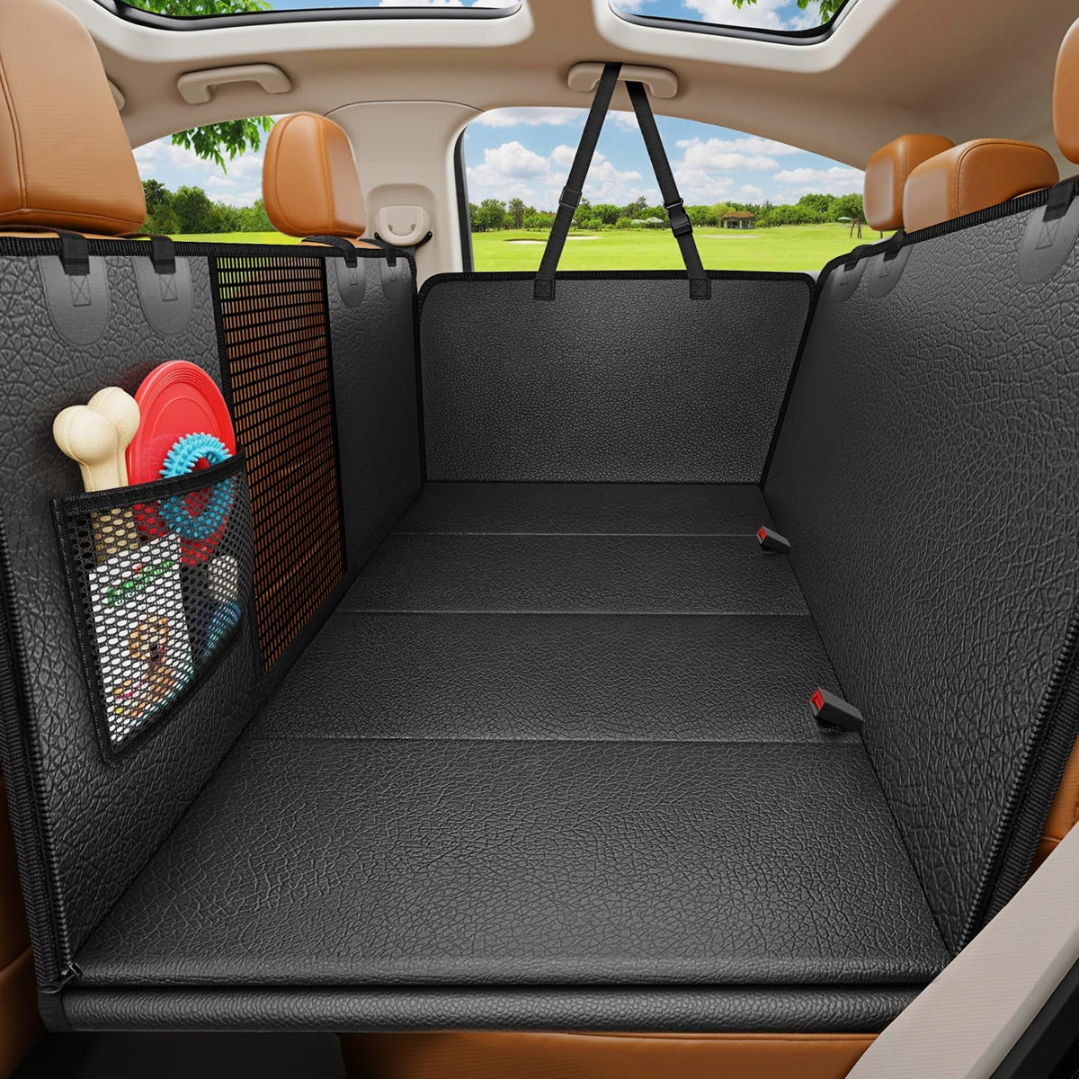 PU Leather Backseat Extender for Dogs, Hard Bottom Dog Car