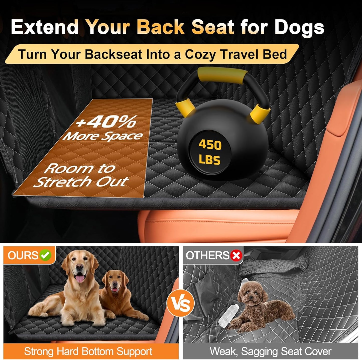 Back Seat Extender for Dogs, Holds 450 lbs, Hard Bottom