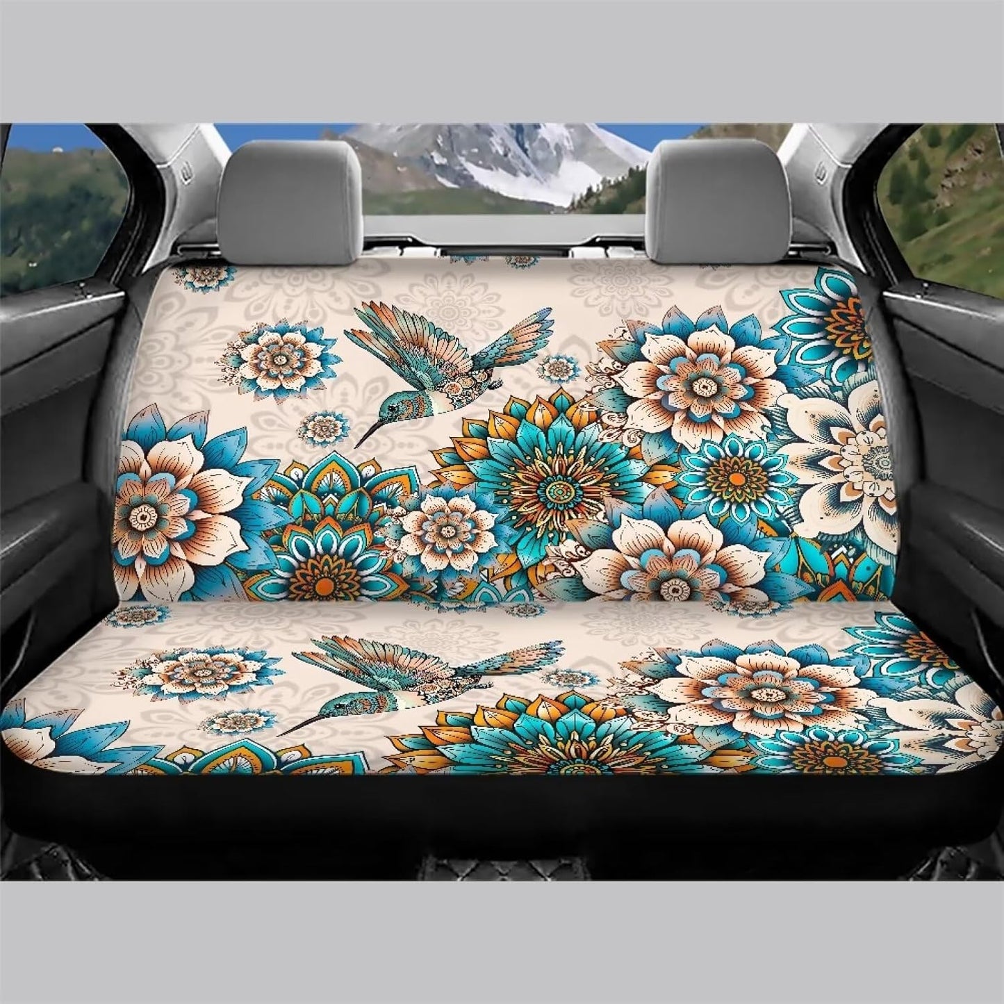 Boho Floral Pattern Car Rear Seat Cover Non-Slip Bird Rear