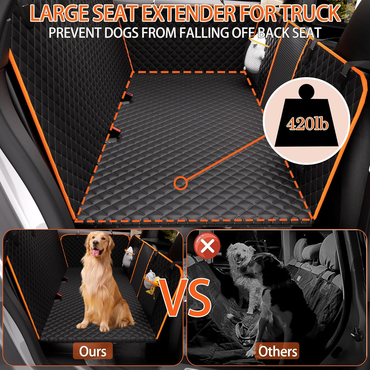 Chilino Back Seat Extender for Dogs - Large Space, Waterproof Dog Car Seat Cover for Back Seat with Hard Bottom Holds 420lbs, 600D Heavy-Duty Upgraded Material Dog Hammock for Car（Black