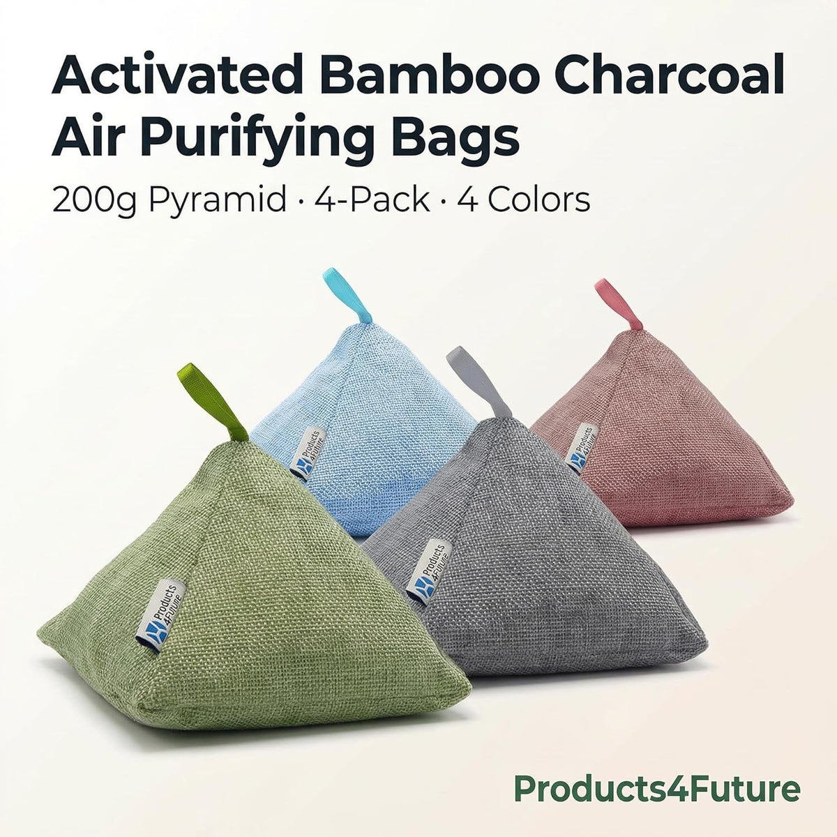 4 pack Naturally Activated Bamboo Charcoal Air Purifying Bags | Natural Home Deodorizer Bag | Charcoal Bag Odor Absorber For Pets | Odor Eliminator & Moisture Absorber Air Freshener Bag (200g Pyramid)