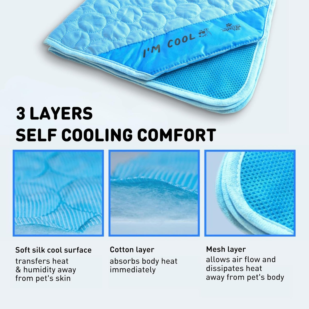 INSPECTOR TAIL Dog Cooling Mat - No Freeze Needed, Self-Cooling Pad for Medium Dogs, Washable Portable for Crate Kennel Car Sofa Bed Floor, Indoor Outdoor Summer Use, 28"x22" with Carry Bag