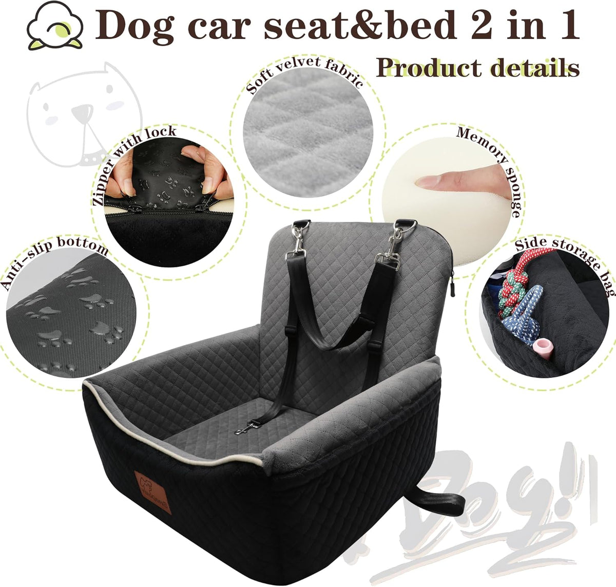 Dog Car Seat Bed 2 in 1 for Small/Medium Dogs up to 35
