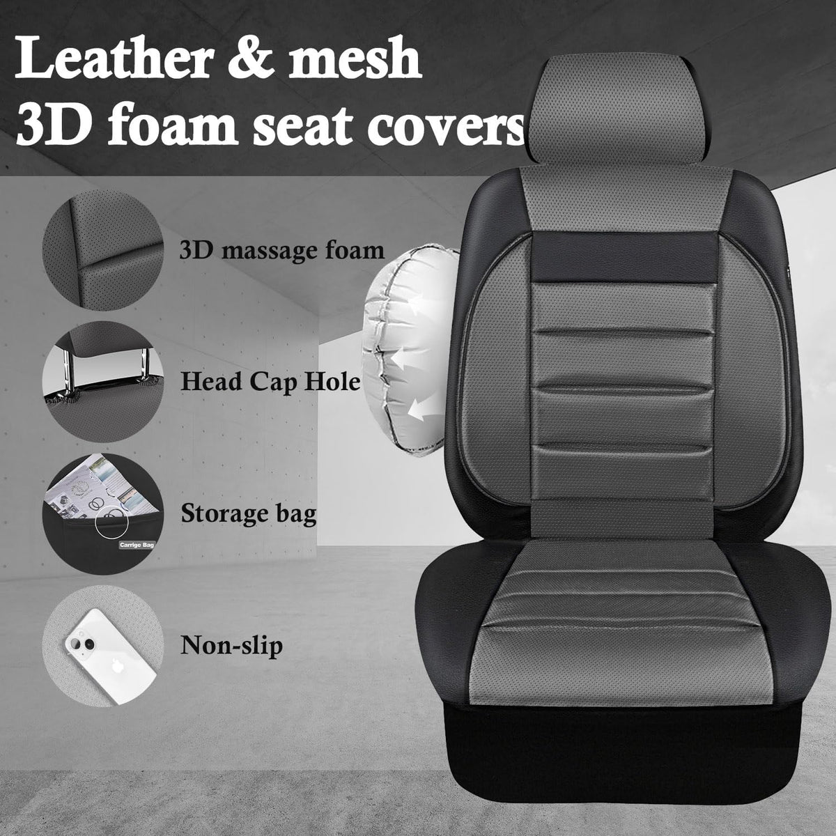 CAR PASS Car Seat Covers Front Seats Only, Universal Fit Automotive Interior Waterproof 3D Foam Back Support Car Seat Covers for Trucks Vans and SUVs Airbag compatible 2 Pieces black gray grey