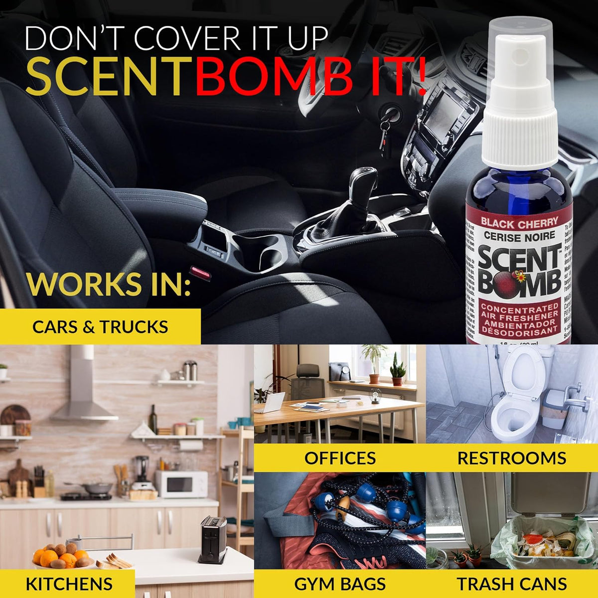 Scent Bomb Air Freshener Spray, Long-Lasting Odor Eliminator - Effective Deodorizer for Home & Car, Fresh Room Spray for Kitchen, Bathroom & Smell Neutralizer - 1 oz Pack of 4, Black Cherry Scent