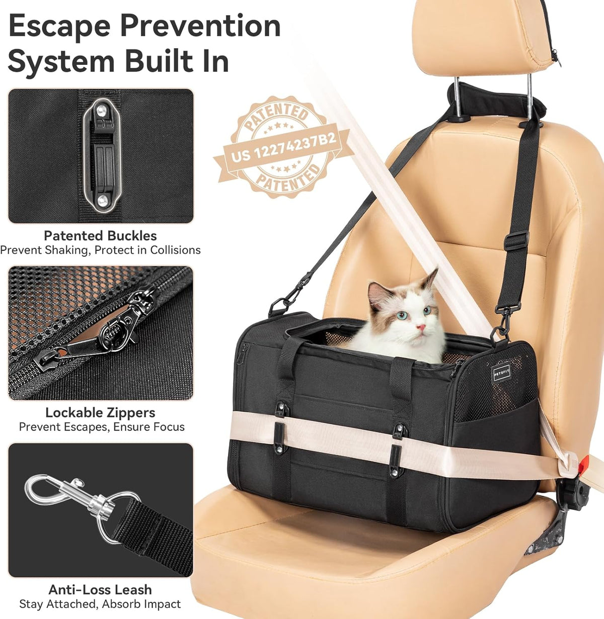 Soft-Sided Cat Carrier with Patented Safety Buckles