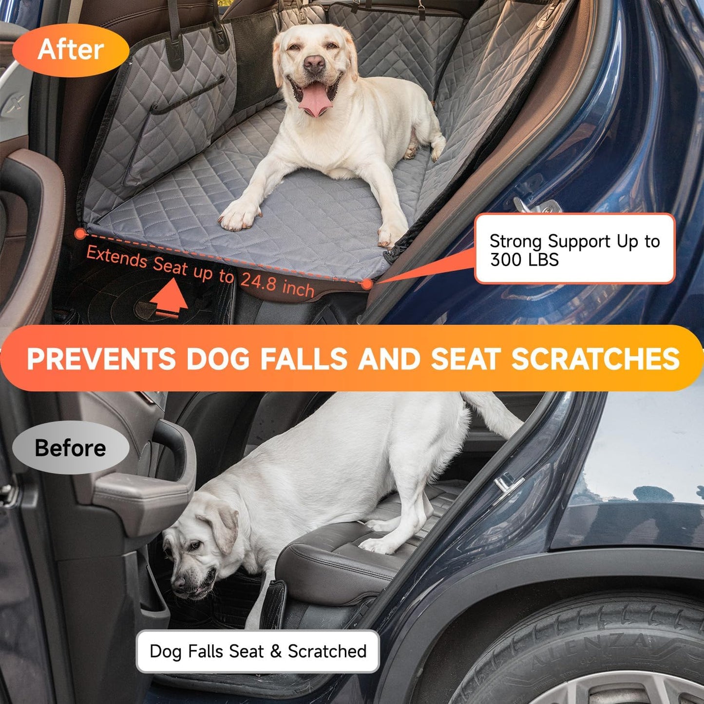 Dog Car Seat Cover Hard Bottom- Back Seat Extender for