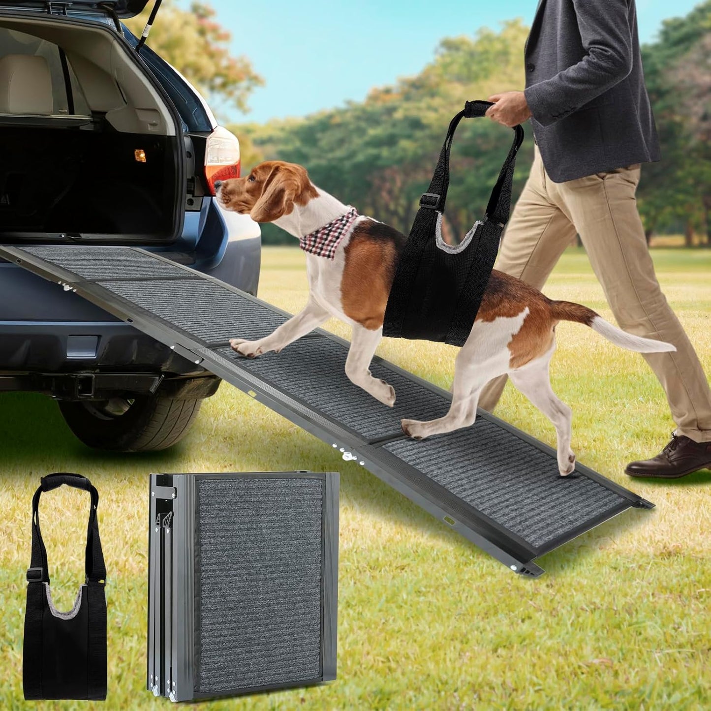 Folding Pet Car Ramp with Non-Slip Rug Surface, Portable