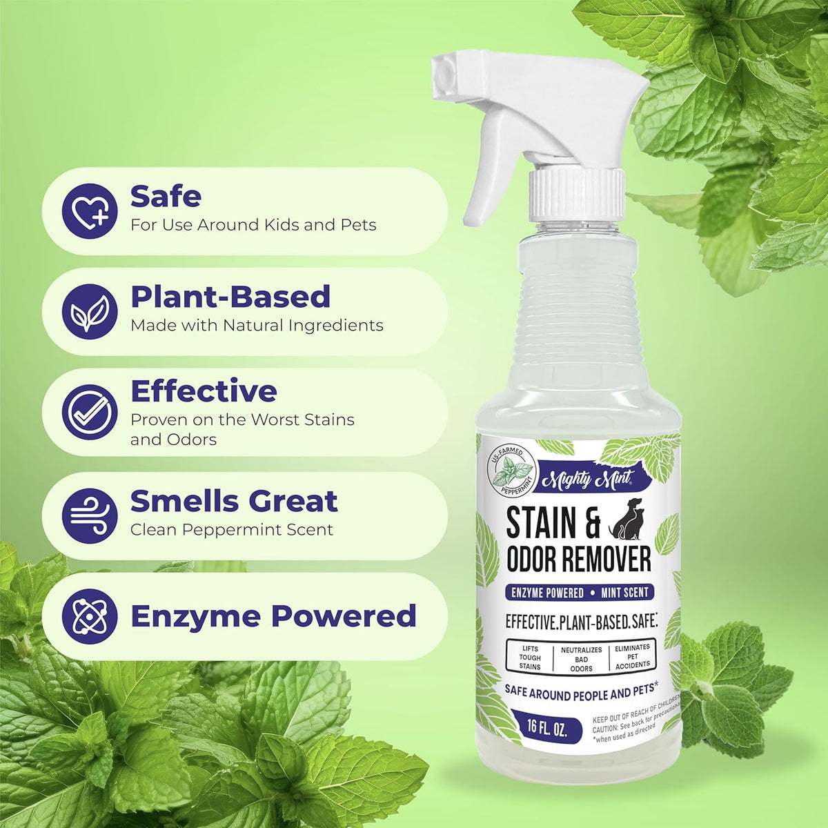 Mighty Mint Stain & Odor Remover, Natural Enzyme Spray Safely Neutralizes Odor and Stains from Dogs, Cats on Carpet, Furniture, Natural Peppermint Scent, 16oz