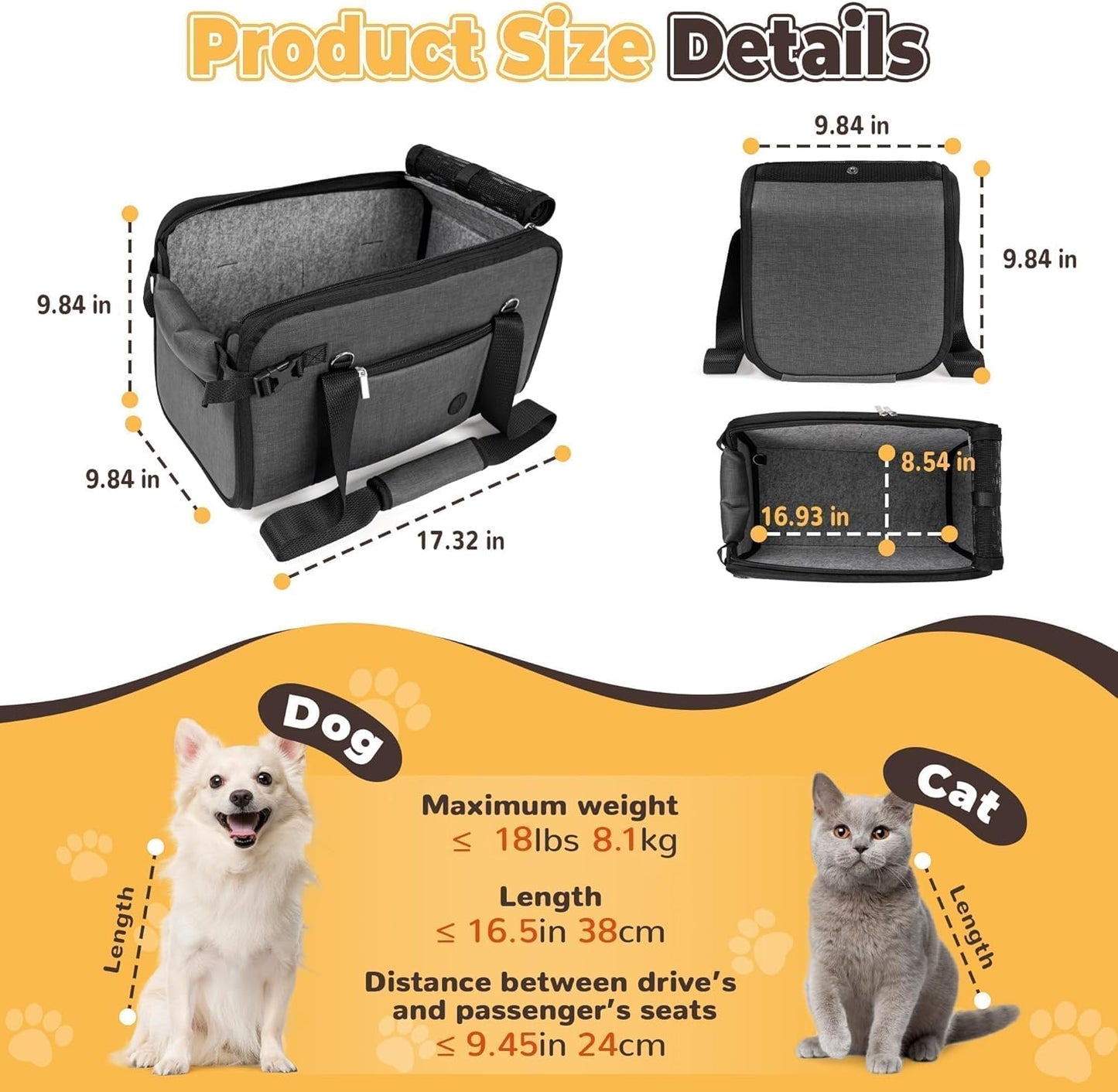 Large Dog Car Seat for Center Console Fits 10-18lbs