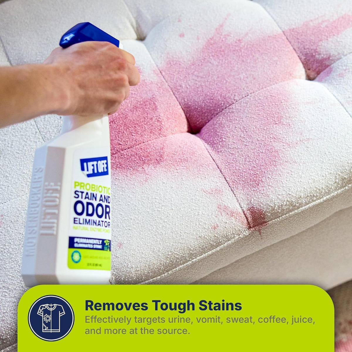 Lift Off 45006 Probiotic Stain and Odor Eliminator Spray – Powerful Natural Enzyme Carpet Cleaner and Pet Odor Eliminator for Urine, Upholstery, and Hard Floors, Safe Around Kids and Pets – 16 Fl Oz
