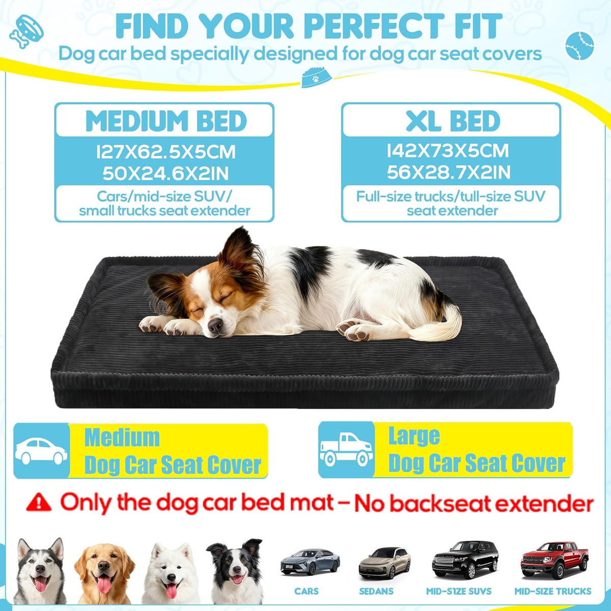 Dog Car Bed, Non-Slip Backseat Extender Pet Mat, Removable
