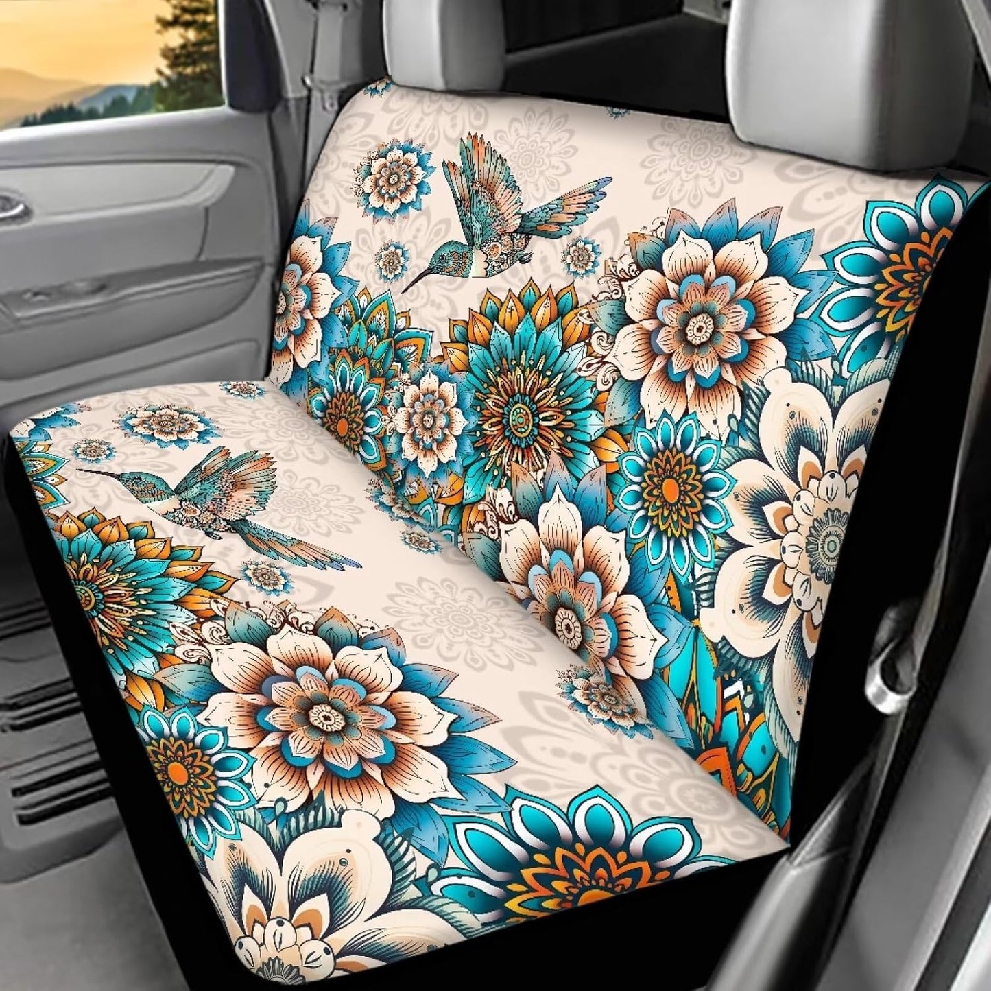 Boho Floral Pattern Car Rear Seat Cover Non-Slip Bird Rear