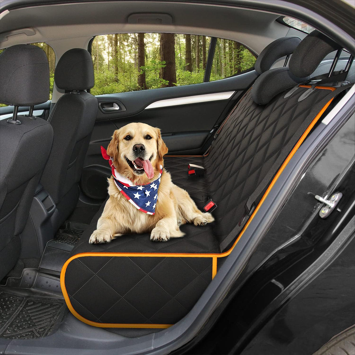 Orange Car Rear Seat Cover for Dogs, Durable Waterproof &