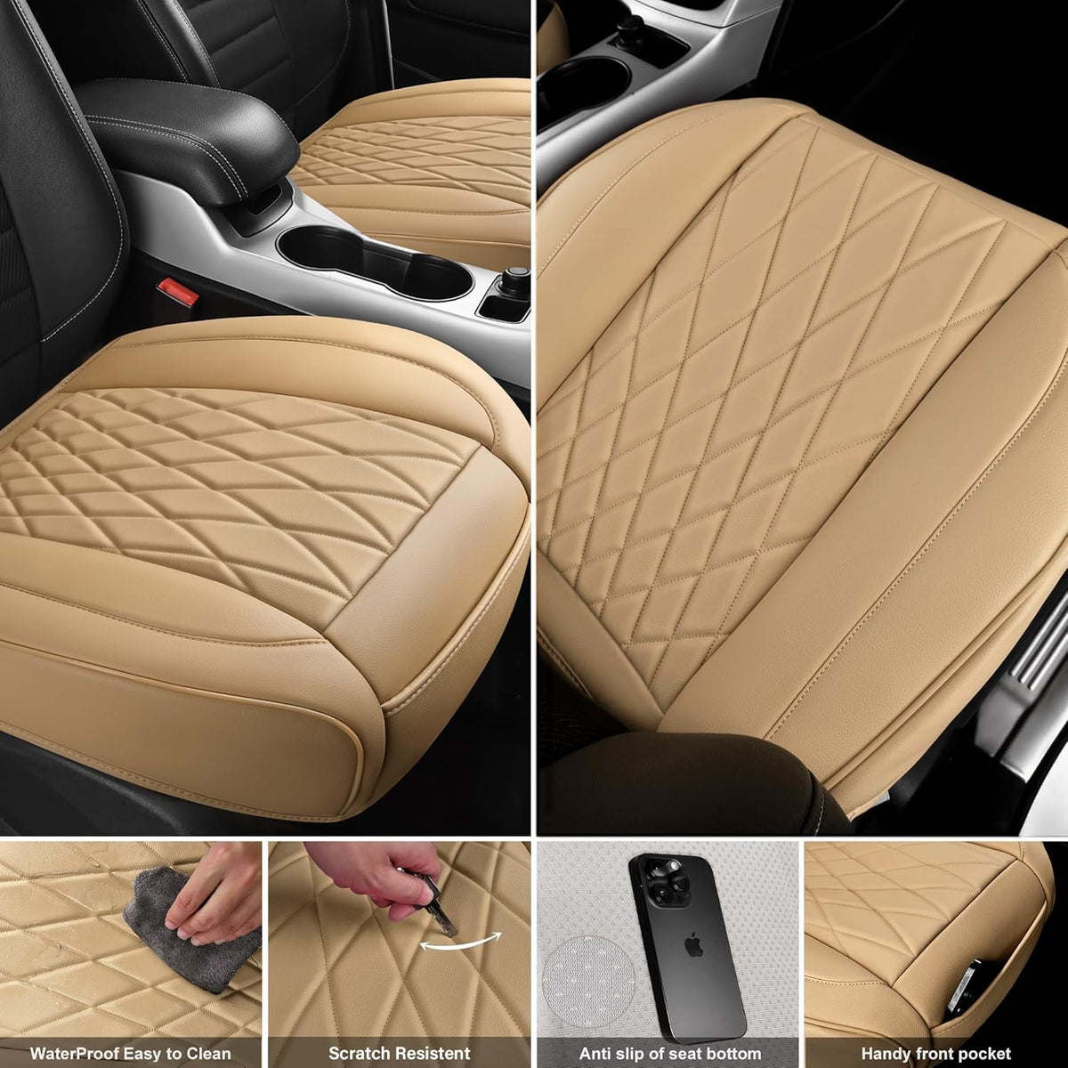 CAR PASS 2 Pack Leather Front Car Seat Covers, Bottom Seat Covers Full Wrapped with Storage Pocket, Anti-Slip Leather Seat Protectors,Waterproof Seat Cushion Universal Fit Sedan SUV Truck, Light Beige