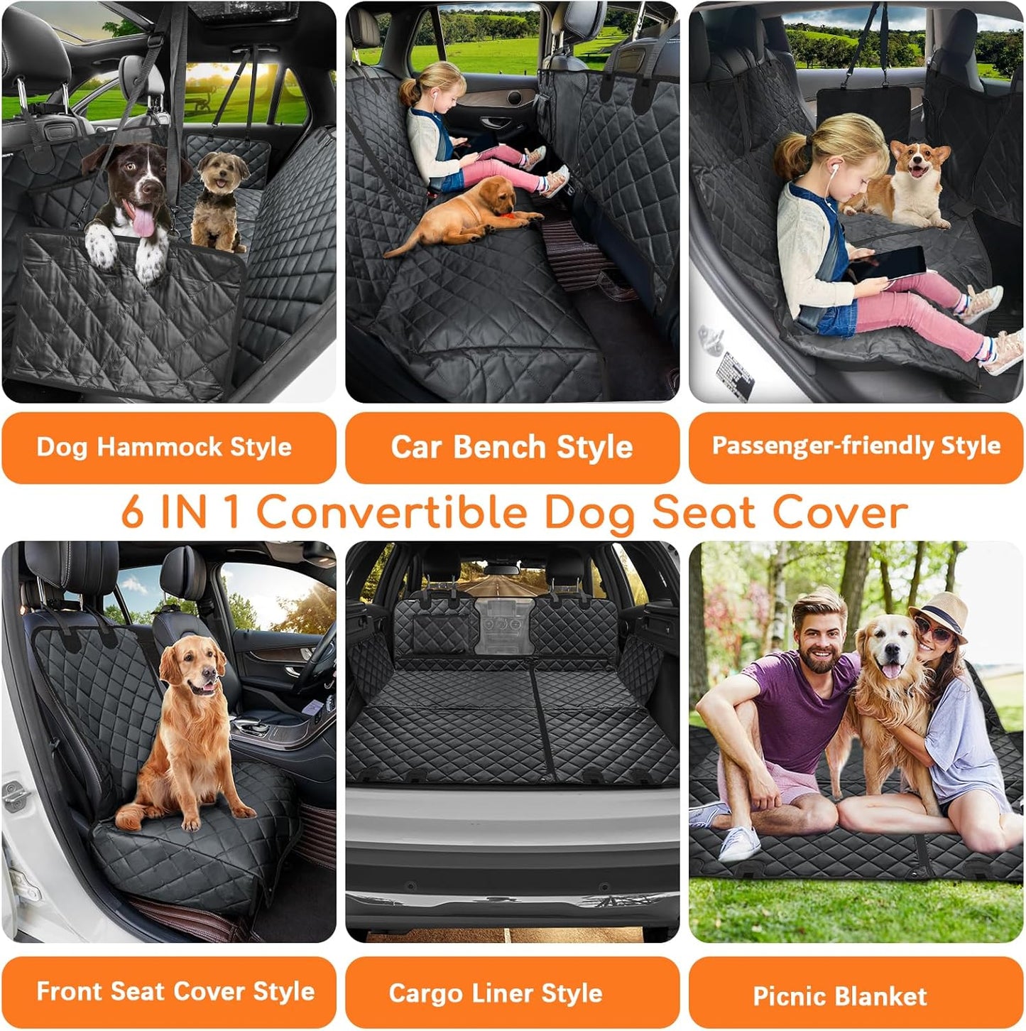 6-in-1 Dog Car Seat Cover for Back Seat, Waterproof Dog Car