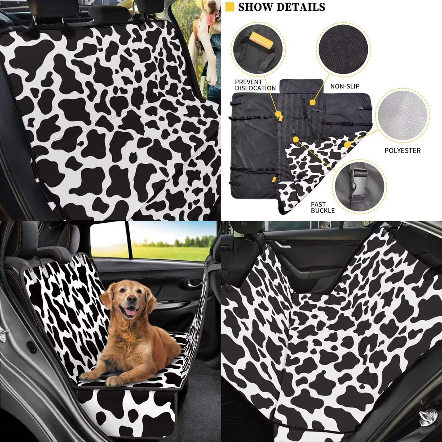 Cow Print Dog Car Seat Cover Set with Garbage Bag and Pet